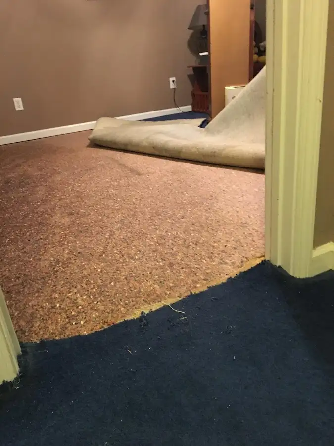 Carpet pad removal revealing water damage during Drying & Dehumidification in Leesville